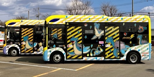 宮城県仙台市内を運行している「まちのり『チョコット』withラプラス」が環境にやさしい電気バスで運行開始！みやぎ応援ポケモンの「ラプラス」が描かれた素敵なラッピングバスで運行しているよ！